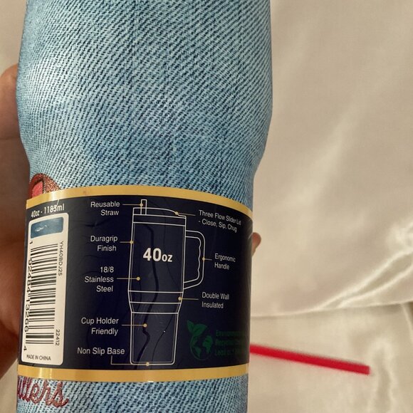 Buc-Ees Denim Design Stainless Steel Tumbler With Handle & Straw 40 Oz Yukon Out - Picture 7 of 8